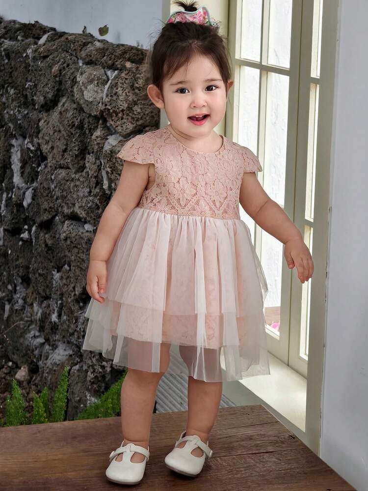 Toddler Girls' Round Neck Lace Casual Mesh Patchwork Party Birthday Short Sleeve Dress