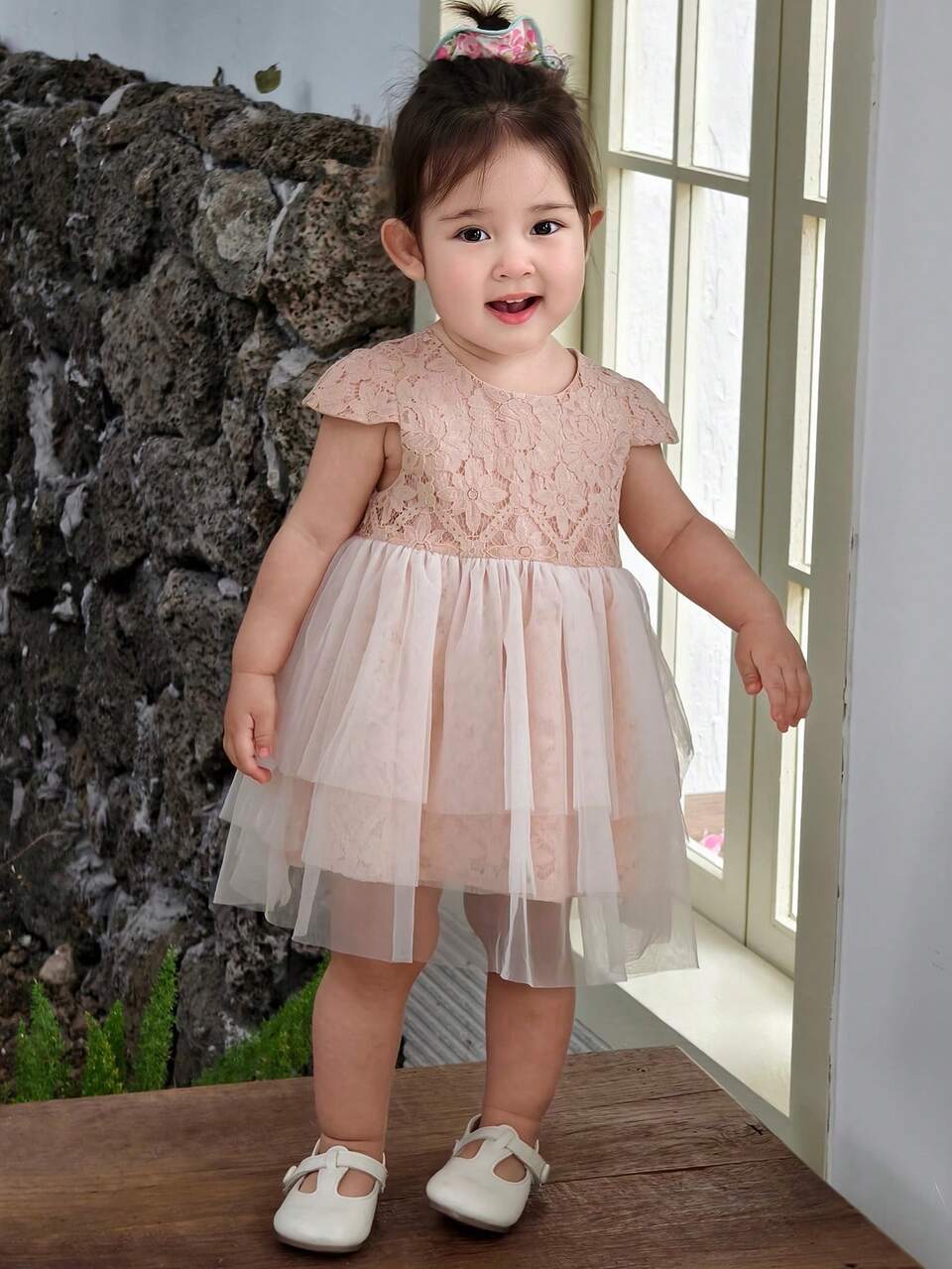 Toddler Girls' Round Neck Lace Casual Mesh Patchwork Party Birthday Short Sleeve Dress