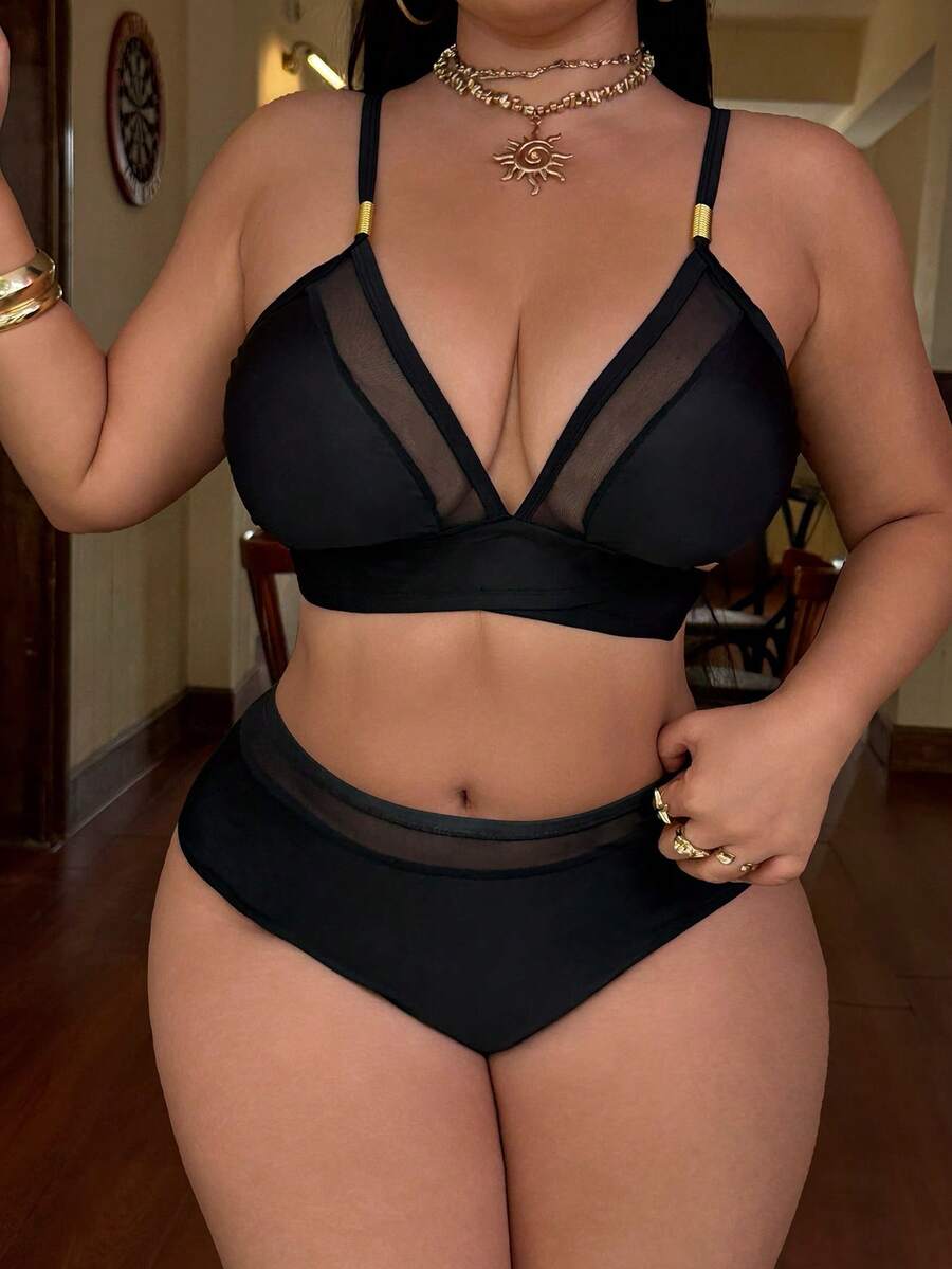 Swim SXY Ensemble de bikini noir unicolore 2 pièces grande taille amincissant avec accent en métal doré, ensemble de bikini triangle à taille haute, tenue de vacances décontractée et pour un port quotidien - Noir - Voir 1