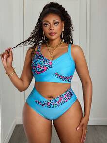 Slaydiva 多色加大码高腰比基尼套装，无袖纹理图案，性感深V领裹身设计，女士泳装两件套，夏季两件套泳衣，女士泳装两件套，女士两件套泳衣 - 彩色 - 查看 3