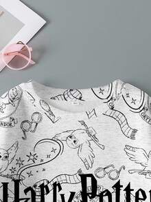 HARRY POTTER X SHEIN Áo nỉ cổ tròn in hình cú và chữ dành cho bé gái tuổi teen, kiểu dáng thường ngày, thích hợp cho mùa thu. - trắng - Xem 4