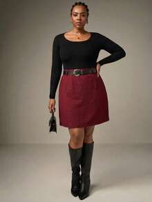 SHEIN Tall CURVE Plus Houndstooth Print Straight Skirt Without Belt - Red - View 6