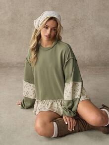 WESTFADE Áo nỉ dáng rộng, cổ tròn, tay phồng, xếp ly, họa tiết hoa ghép mảnh, dệt kim kiểu waffle. - Màu xanh Ô liu - Xem 6