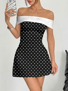 SHEIN EZwear Đầm ngắn nữ kiểu dáng retro giản dị, nền đen, họa tiết chấm bi trắng khắp thân đầm, thích hợp cho các bữa tiệc mùa xuân/hè, trang phục vintage. - Nhiều màu - Xem 3