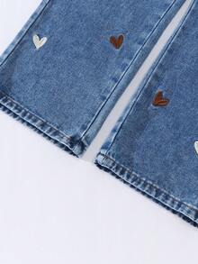 SHEIN Quần jeans ống rộng dáng suông phong cách Y2K dành cho bé gái tuổi teen, thêu hình trái tim, thích hợp cho đi chơi hàng ngày, đi học, đi làm và mùa tựu trường. - Rửa trung bình - Xem 6