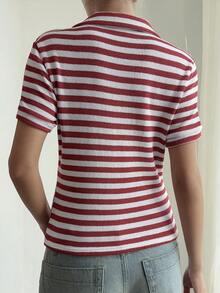 Livesso 女士宽松商务休闲条纹拼接Polo衫，时尚办公服饰，红色，适合春夏穿着 - 紅色 - 查看 5