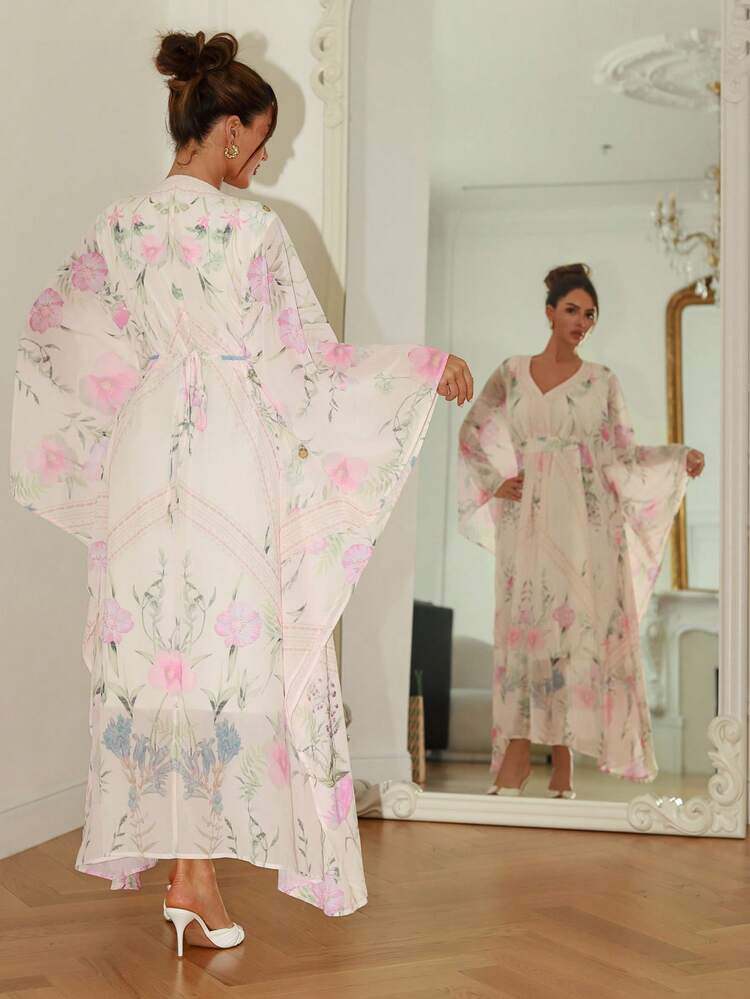 Spring & Summer Ditsy Floral Chiffon Dress, Elegant Commuter Dress With Bat Sleeves And Full Dress, Suitable For Valentine's Day, Wedding Dress Sundress