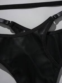 2pcs Women's Sexy Black PU Leather Rhinestone Hollow Wireless Bra And Thong Lingerie Set - Black - View 7