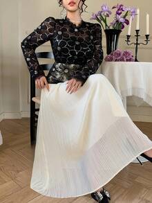 DAZY Đầm organza họa tiết hoa mùa xuân & hè, đính hoa 3D, đá và sequin, thanh lịch cho ngày Valentine, đám cưới, tiệc tùng, dịp trang trọng, dáng ôm, đầm midi xếp ly phối lưới xuyên thấu màu đen trắng, đầm dự tiệc cưới ngày Valentine. - màu đen - Xem 5