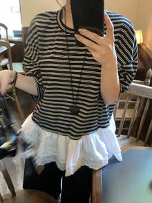DAZY Women's Round Neck Striped Casual Summer Korean Style Contrast Color Ruffle Trim T-Shirt - Black - View 10