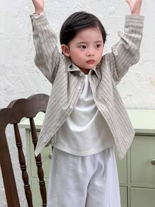 Dazy Kids Áo thun dài tay cổ bẻ kẻ sọc kiểu dáng thường ngày cho bé trai - Xám - Xem 2