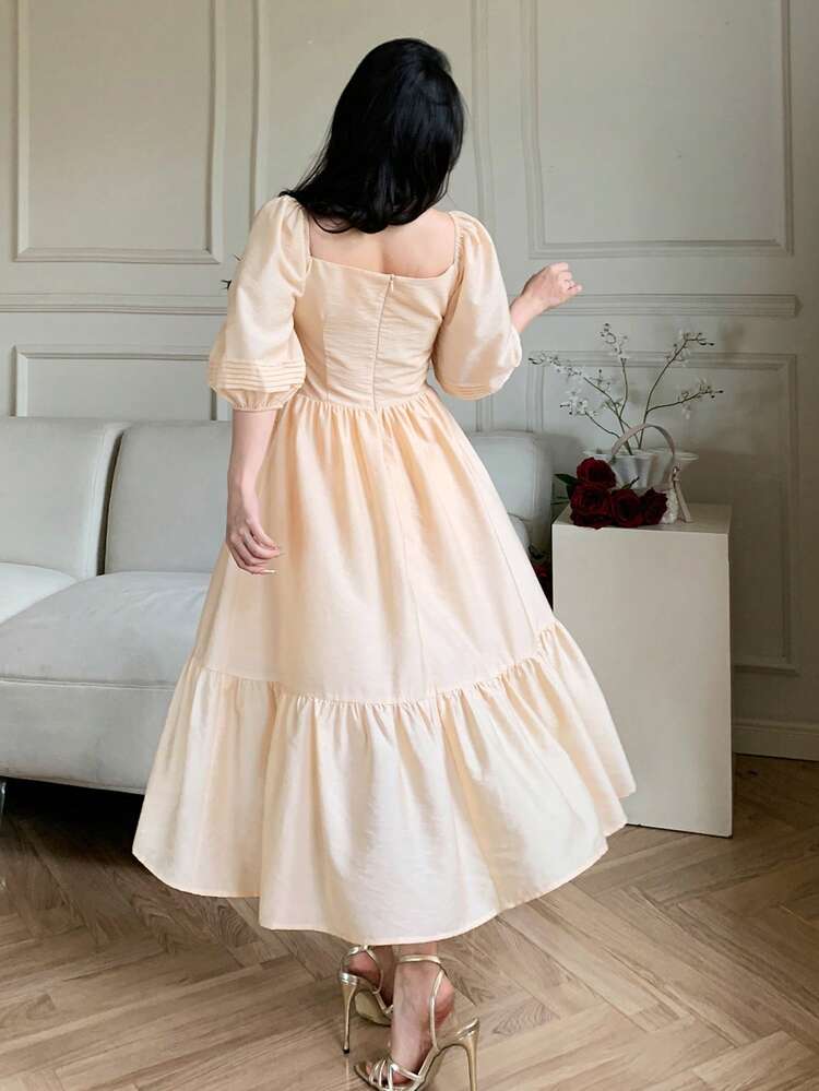 Women's Elegant Solid Color Pleated Ruffle Hem Dress, Summer Wedding Guest Dress Sundress