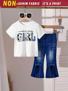 2pcs/Set Girls Toddler T-Shirt & Flare Pants Outfit, Denim Print Bow Decor, Letter Graphic, Cute & Lively, Versatile All-Match Casual Wear, Suitable For Outings, All Seasons Girl Jeans Set Girls Denim Sets Bell Bottoms Girl 2 Piece Set 3 Pcs Set Girls Cool Girls Bell Bottom Outfit - Multicolor - View 6