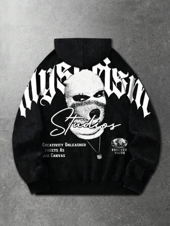 Sudadera con capucha con cremallera con gráfico de letra y retrato casual para hombre, otoño