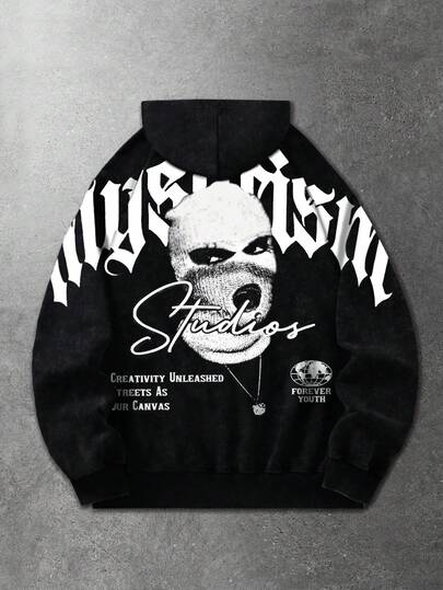 Sudadera con capucha con cremallera con gráfico de letra y retrato casual para hombre, otoño