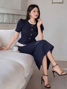 DAZY 女士优雅撞色拼接荷叶边立领衬衫和直筒裙两件套，夏季 - 藏蓝色 - 查看 8