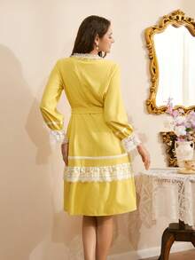 Côtesoire Áo ngủ nữ kiểu Pháp lãng mạn, thanh lịch, phong cách cung điện, phối màu tương phản, ren ghép mảnh, tay áo phồng. - Màu vàng - Xem 2