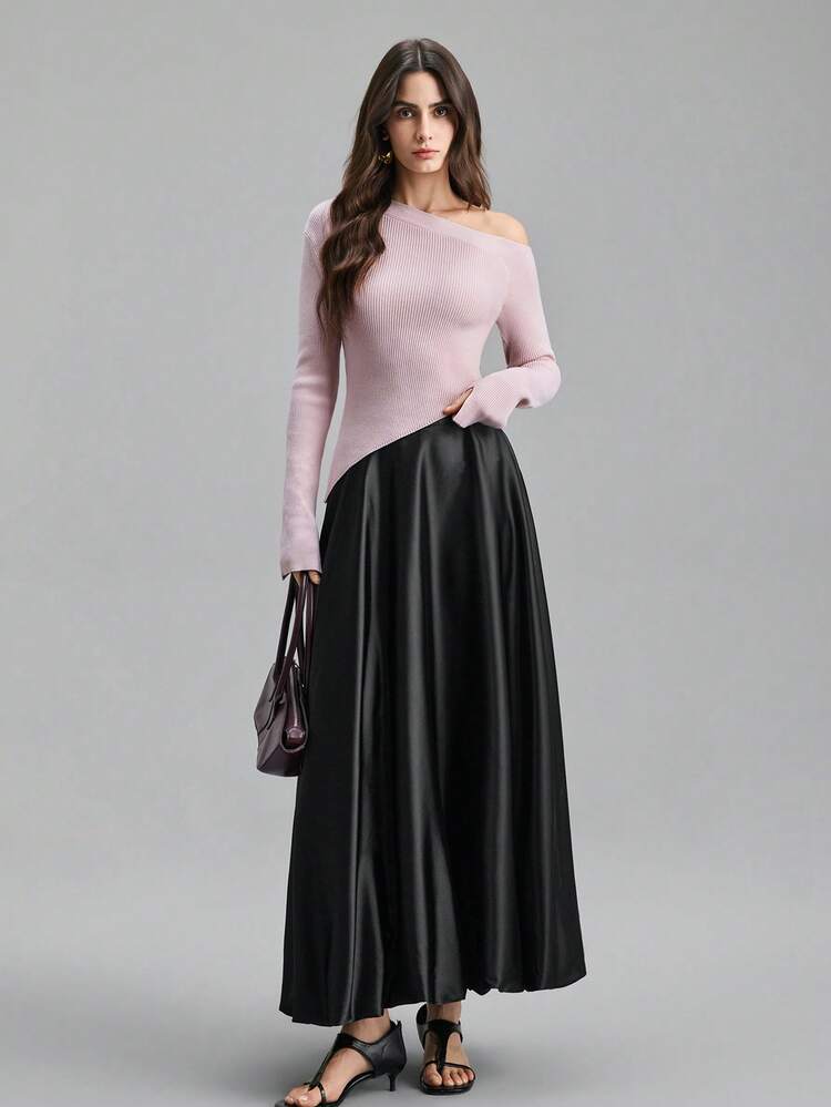 Women's Solid Color Asymmetric-Shoulder Fitted Knit Top, Versatile For Urban Commute, Business Casual, Office Wear, Elegant Party, Dating, Summer
