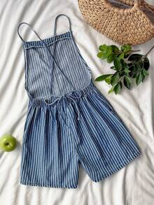 Comfortcana 女士条纹印花休闲牛仔连体裤 女士春季穿搭 女士服装 情人节外出夏季连体裤 春季穿搭 女士沙滩连体裤 女士休闲连体裤 女士度假装扮 女士蓝色连体裤 女士休闲条纹牛仔背带裤 可调节细肩带阔腿连体裤 带口袋 - 中等水洗藍 - 查看 2