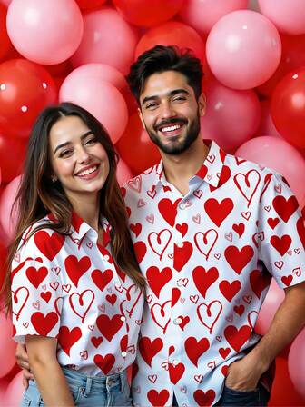 Manfinity Hypemode قميص أكمام قصيرة بأزرار وطباعة قلب للرجال - قلب أحمر، قميص صيفي كاجوال، قميص رجالي بنمط قلب مضحك، قميص لمناسبة عيد الحب، قميص للذكرى السنوية، ملابس للعطلات، طراز أنيق