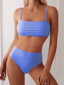 Swim Basics Women's Casual Sexy Random Print Striped Bandeau Top And High Waist Bikini Bottoms 2-Piece Swimsuit Set, Spring/Summer Vacation Bikini Set Stripe Bikini - Blue and White - View 4
