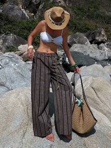 Livesso Striped Woven Waist Belt Casual Women Pants - Coffee Brown - View 3