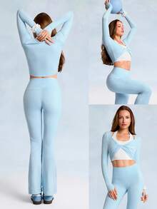 GLOWMODE Softy Velvaire Weekend Flow Super Soft Stretchy 2-Piece Twisted Front Waist Length Layered Thumbholes Yoga Top Studio Daily Casual Wear Valentine's Day - Blue Day - View 9