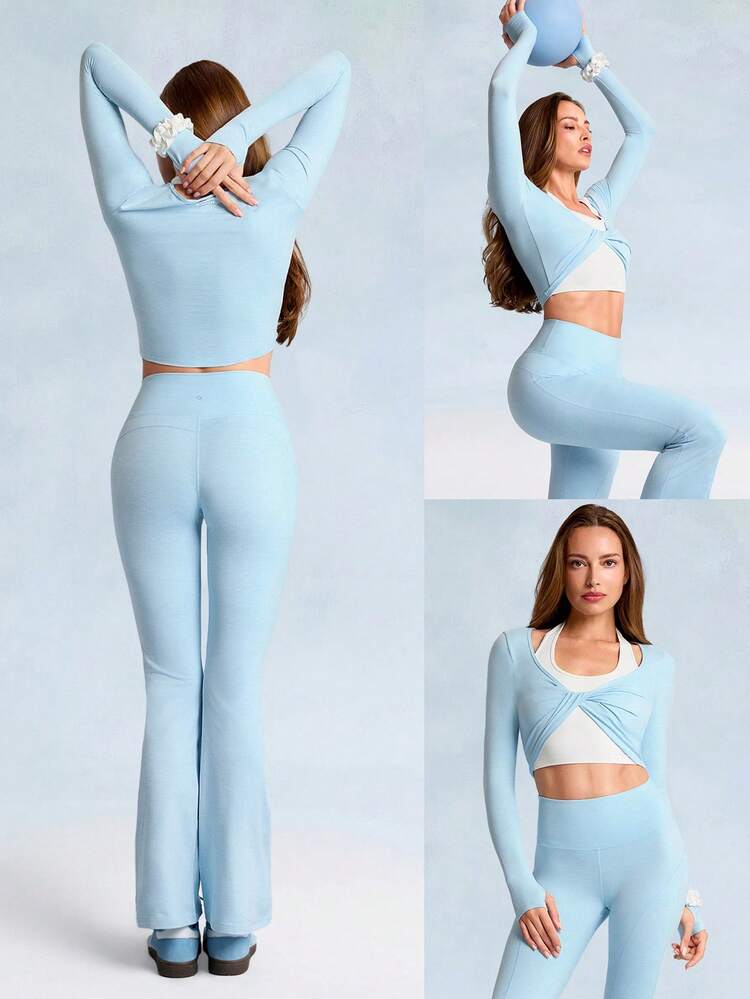 Softy Velvaire Fim de Semana Fluxo Super Macio Elástico Conjunto de 2 Peças com Frente Torcida, Cintura Curta, Camada com Orifícios para Polegar, Uso Casual Diário e para Ioga