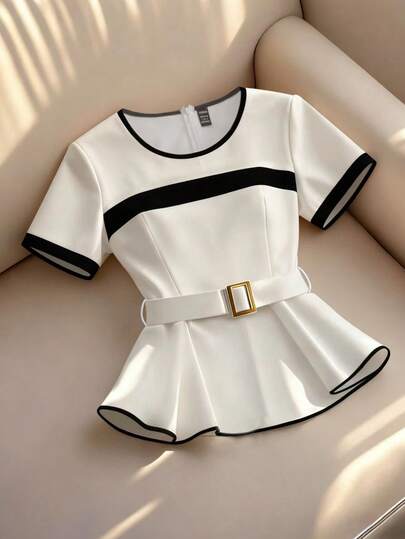 GlowEve Women's Contrast Color Waist Belt Round Neck Elegant Short Sleeve Blouse