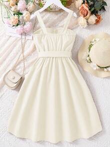 SHEIN Sparklyn 少女翻领吊带纽扣腰带休闲连衣裙 象牙色连衣裙 少女象牙色连衣裙 - 杏色 - 查看 2