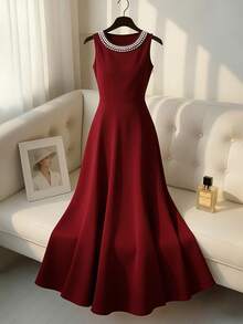 Franclia 女士酒红色珍珠装饰修身A字无袖连衣裙，休闲百搭，适合约会、派对、通勤、春夏穿着，也适合情人节、下午茶等场合。 - 酒紅色 - 查看 9