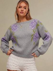 WESTFADE Suéter de punto de manga larga con cuello de barco y estampado floral jacquard de estilo vaquero occidental de primavera - Gris - Ver 2