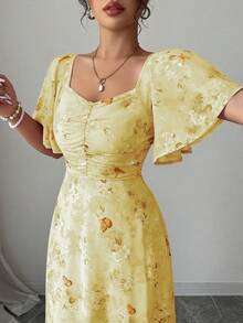 Modelyn Vestido de verano de mujer de estilo francés dulce con manga de murciélago, estampado de mariposa, plisado y de gasa - Amarillo - Ver 7