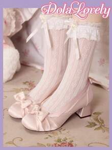 Dola Lovely 女鞋，浅粉色蝴蝶结装饰玛丽珍高跟鞋洛丽塔风格 - 藕粉色 - 查看 1