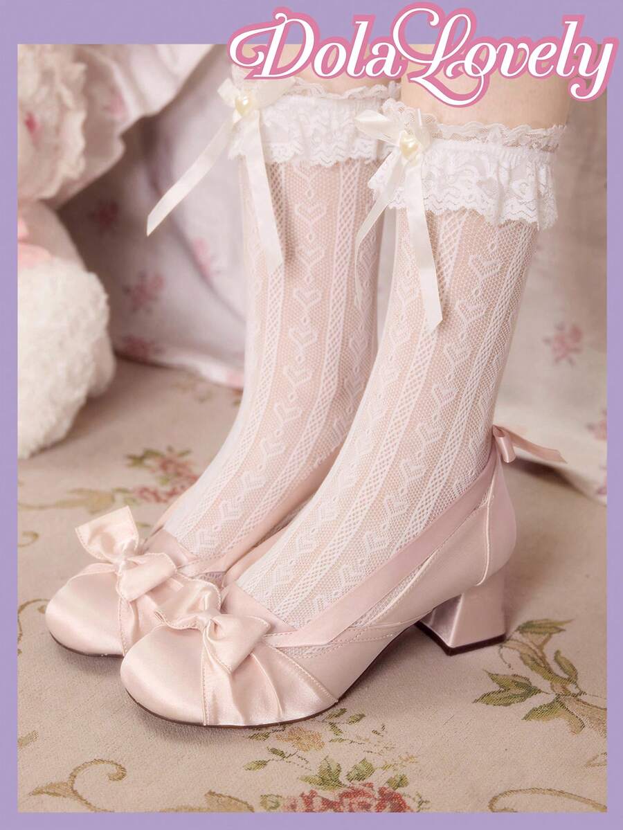 Dola Lovely 女鞋，浅粉色蝴蝶结装饰玛丽珍高跟鞋洛丽塔风格 - 藕粉色 - 查看 1