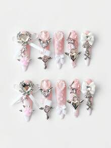 Kawaii 10 Móng tay giả kiểu dáng dễ thương đính đinh tán hình móng mèo, làm thủ công + 3 miếng dán hai mặt, có thể tháo rời, hình nơ Y2K đính đá, móng giả dài hình hạnh nhân được vẽ tay, màu hồng và trắng chuyển dần chất lượng cao, phù hợp cho các bữa tiệc, khiêu vũ và sử dụng hàng ngày. - Màu trắng - Xem 1