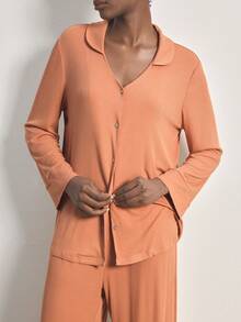 Ocili Conjunto de pijama de pantalón y blusa de manga larga de un solo botonadura de unicolor para mujer