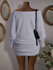 SHEIN PETITE Đầm ôm sát tay dài trễ vai xếp ly giả dệt kim màu mơ dành cho nữ, gợi cảm và thanh lịch, thích hợp cho tiệc tùng, trang phục Giáng sinh và Năm mới. - Màu tím hoa cà - Xem 2