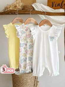 SHEIN Vintaside Kids 女婴三件套趣味昆虫印花连体衣套装，包括带褶皱下摆和可爱荷叶袖的短裤，夏季必备单品 - 彩色 - 查看 3