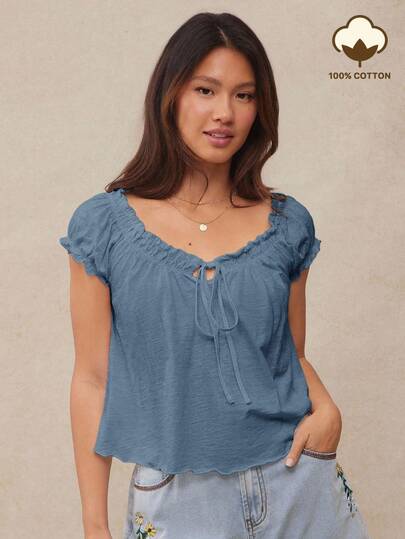 WESTFADE Slub Knit Smocked Scoop Neck Short Puff Sleeve Bow Tie Front Swing Top Women Casual Cute Summer Vacation Tops