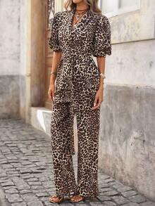 Brillora Leopard Textured Pattern Half Sleeve Batwing Suit For Women Casual Thigh Length Polyester - Black - View 7