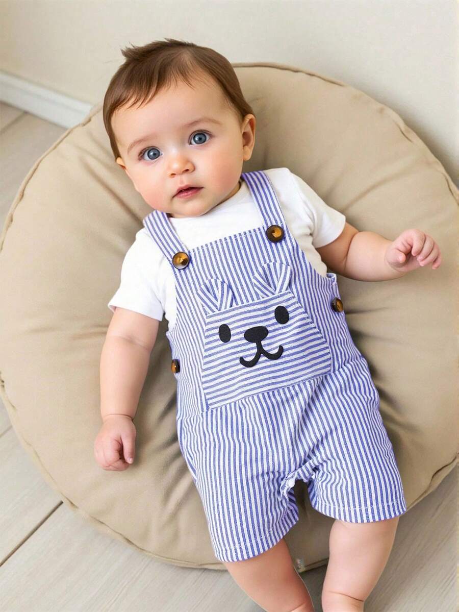 SHEIN Bộ 2 món cho bé sơ sinh: áo cổ tròn, hở vai, tay ngắn và áo liền quần kẻ sọc thêu tai, dễ thương và thời trang, thích hợp mặc ở nhà, hàng ngày và các hoạt động ngoài trời. - Xanh và trắng - Xem 1