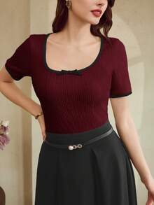 Vintamour 复古经典优雅女士T恤，春夏修身撞色滚边蝴蝶结T恤，杏色短袖T恤 - 酒紅色 - 查看 3