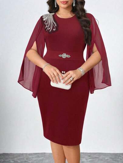 Chikora Plus Size Rhinestone Decor Round Neck Mesh Patchwork Elegant Dress