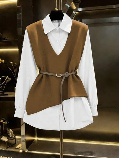 Franclia 2025 Herbst Neuerscheinung: Damen 2-in-1 Jacken-Hemd Ensemble, mit künstlerischer asymmetrischer Schneiderei, exquisiten Knopfakzenten & einem verstellbaren Taillengürtel, schlanke Silhouette für eine schlankere Optik, vielseitig für Büropendler, gemütliche Wochenenden & lässige Unternehmungen