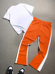 PAVTROS Men's Letter & Cross Print Short Sleeve T-Shirt And Drawstring Waist Karaoke Set - Multicolor - View 2