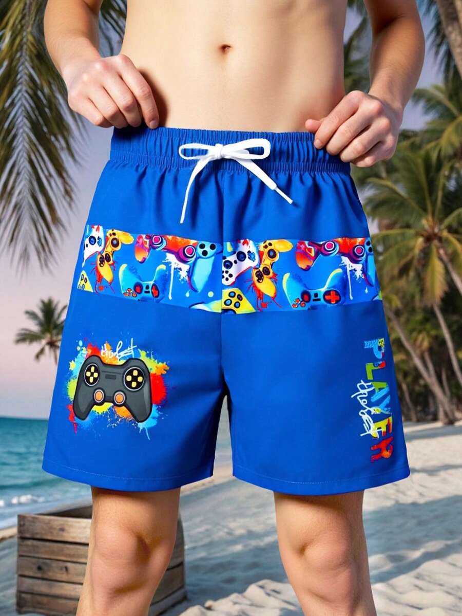 SHEIN Quần short đi biển cạp chun co giãn in hình trò chơi thời trang cho bé trai, quần bơi thường ngày - Màu xanh lam - Xem 1