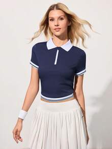 CourtClass Women's Collared Zip-Up Half Placket Casual Versatile Daily Outdoor Sports Tennis Top - Navy Blue - View 6