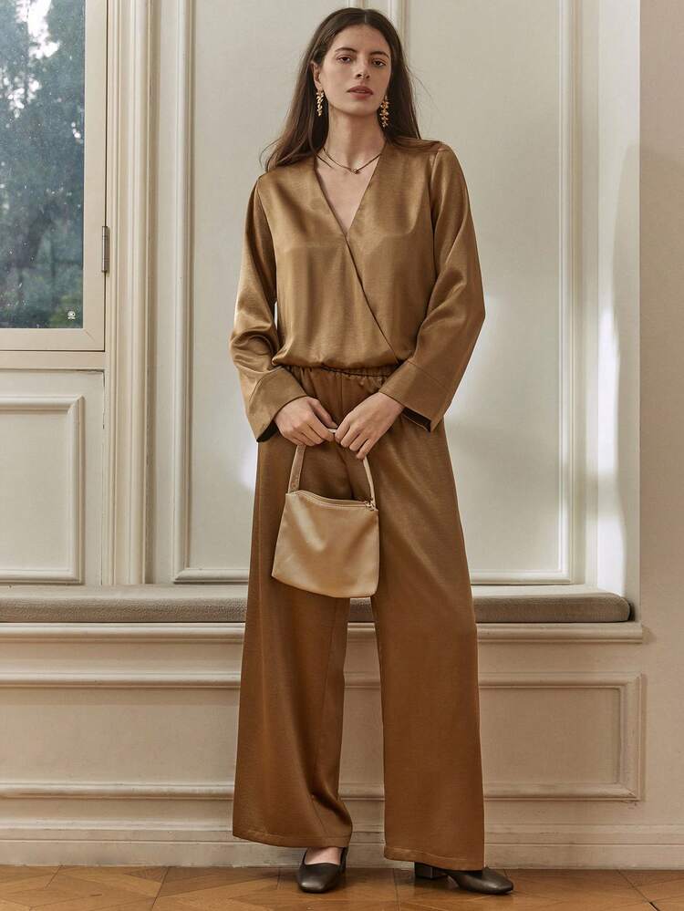 Women's Fashion Solid Color V-Neck Long Sleeve Top & Pants 2 Pieces Set Business Casual Woman