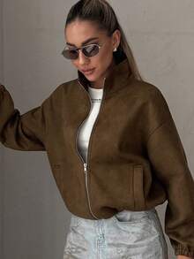 Livesso Women's Regular Suede Collar Casual Jacket, Autumn/Winter - Brown - View 3